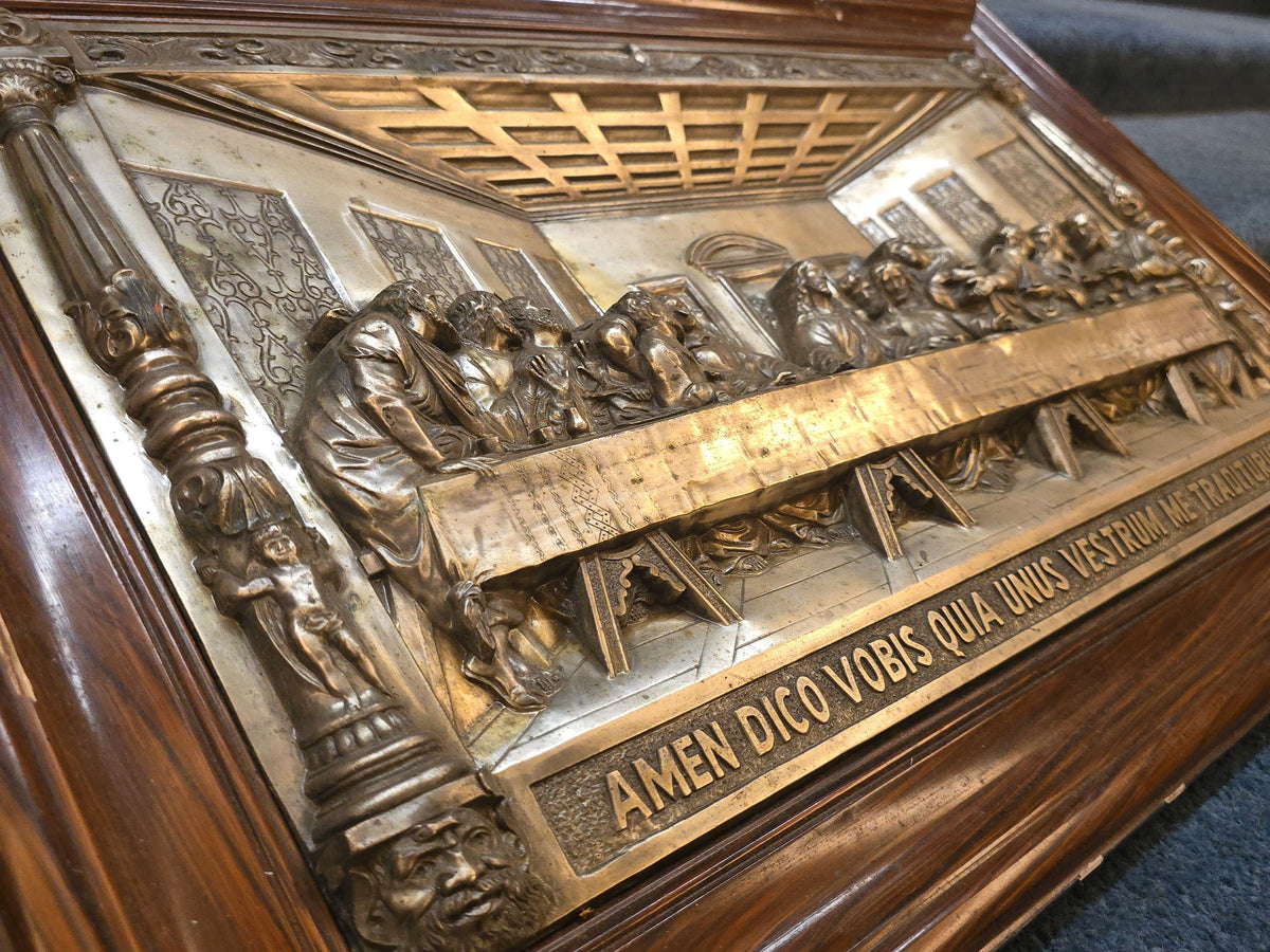 Vintage Framed Last Supper Relief with Latin Inscription "Amen Dico Vobis Quia Unus Vestrum Me Traditurus Est"
