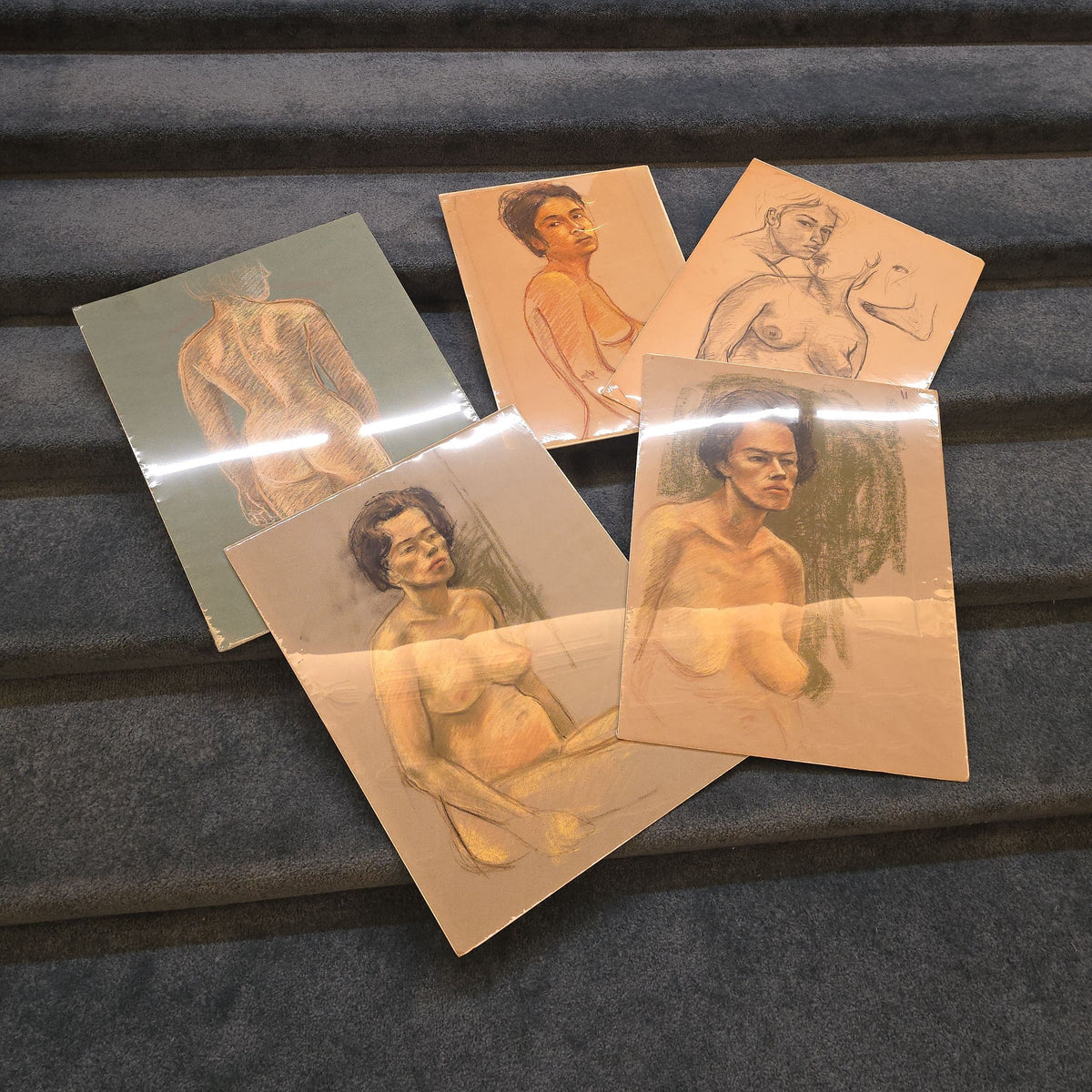 Grouping of Five Vintage Nude Figure Study Drawings on Paper by Houston E. Bird, 1963