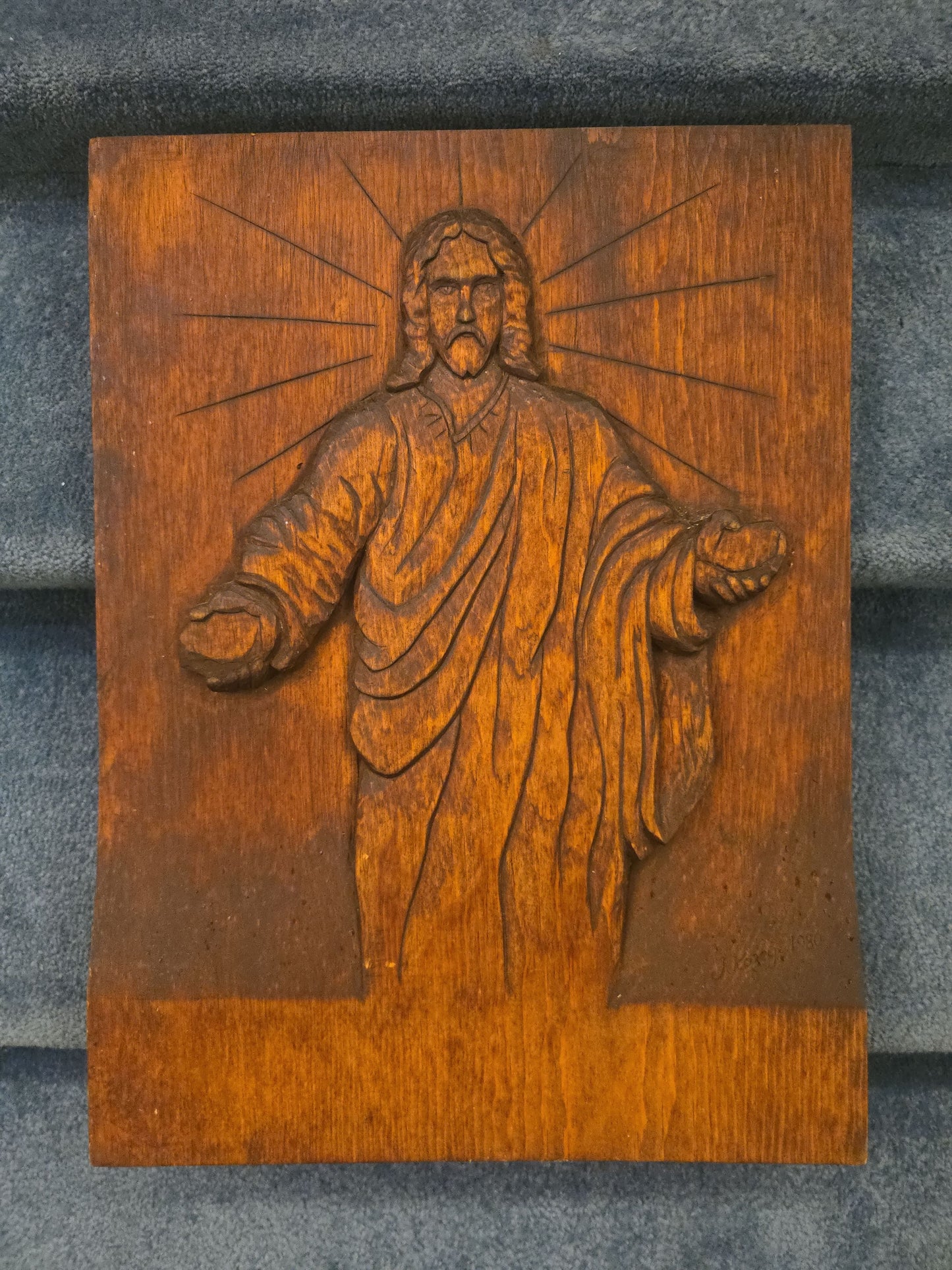 Vintage Carved Wood Relief Panel of Jesus Christ, Signed J. Kozey, 1980