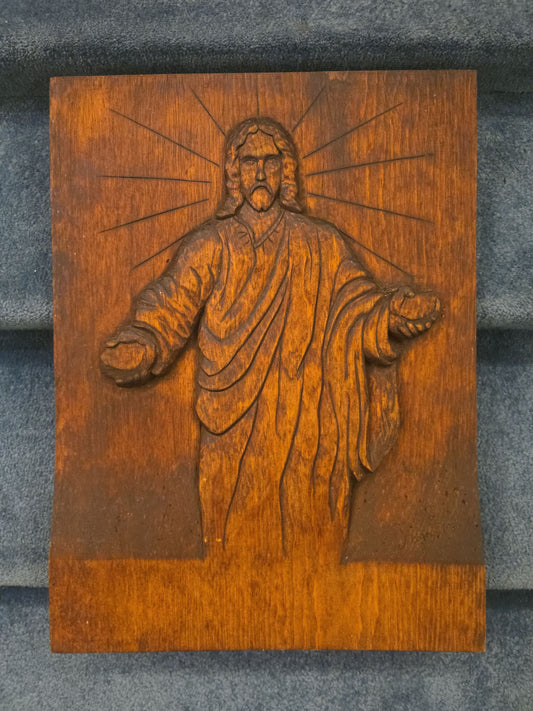 Vintage Carved Wood Relief Panel of Jesus Christ, Signed J. Kozey, 1980