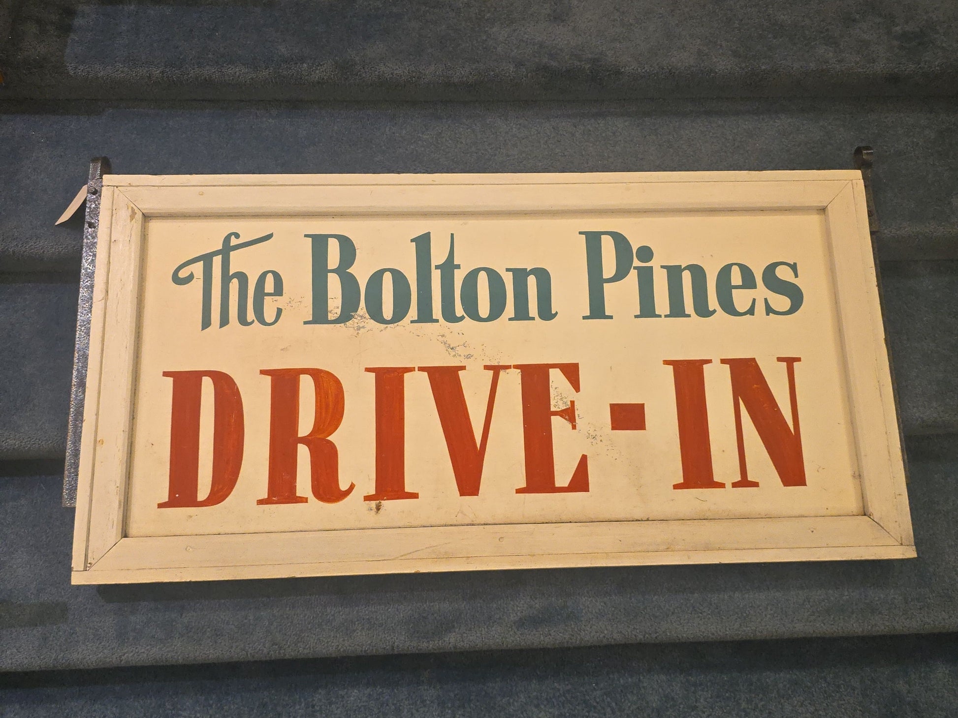 Vintage "The Bolton Pines Drive-In" Hand-Painted Sign with Wood Frame and Metal Mounting Brackets