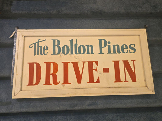 Vintage "The Bolton Pines Drive-In" Hand-Painted Sign with Wood Frame and Metal Mounting Brackets