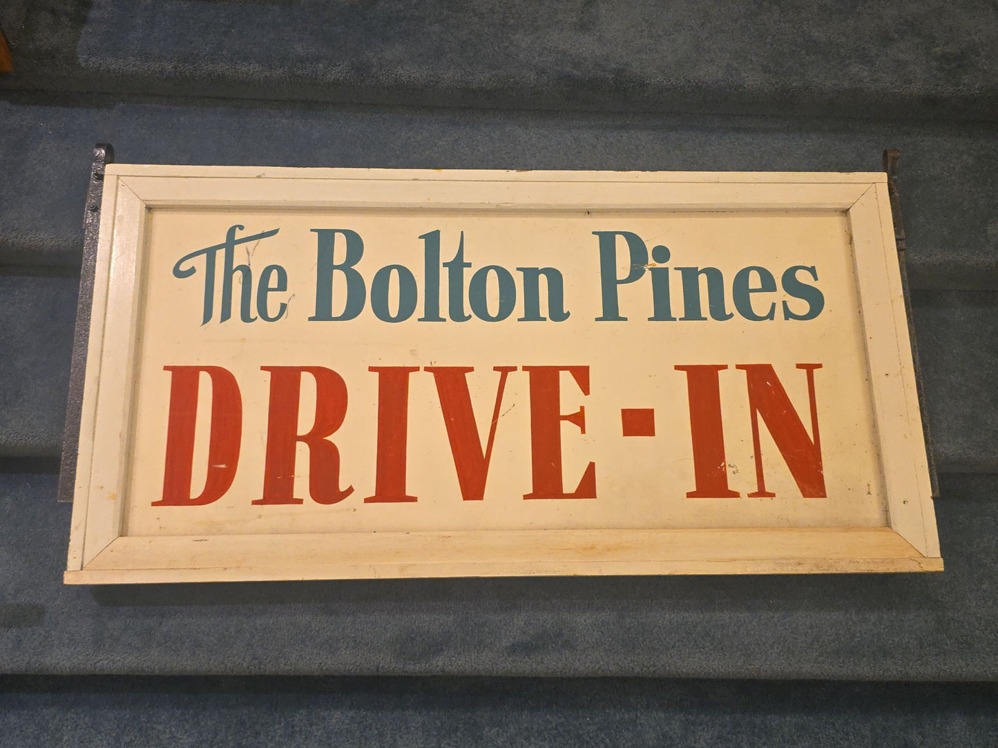 Vintage "The Bolton Pines Drive-In" Hand-Painted Sign with Wood Frame and Metal Mounting Brackets