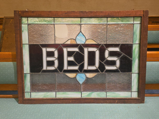 Antique Leaded Stained Glass "BEDS" Trade Sign, Reportedly from a Boston, Massachusetts Boarding House, Note Damage