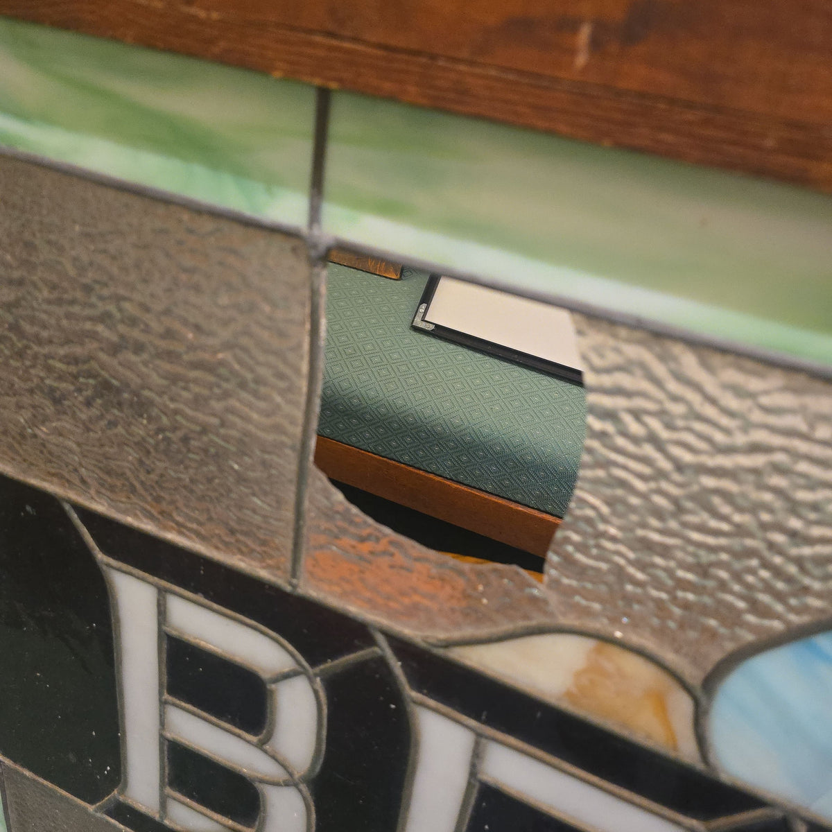Antique Leaded Stained Glass "BEDS" Trade Sign, Reportedly from a Boston, Massachusetts Boarding House, Note Damage