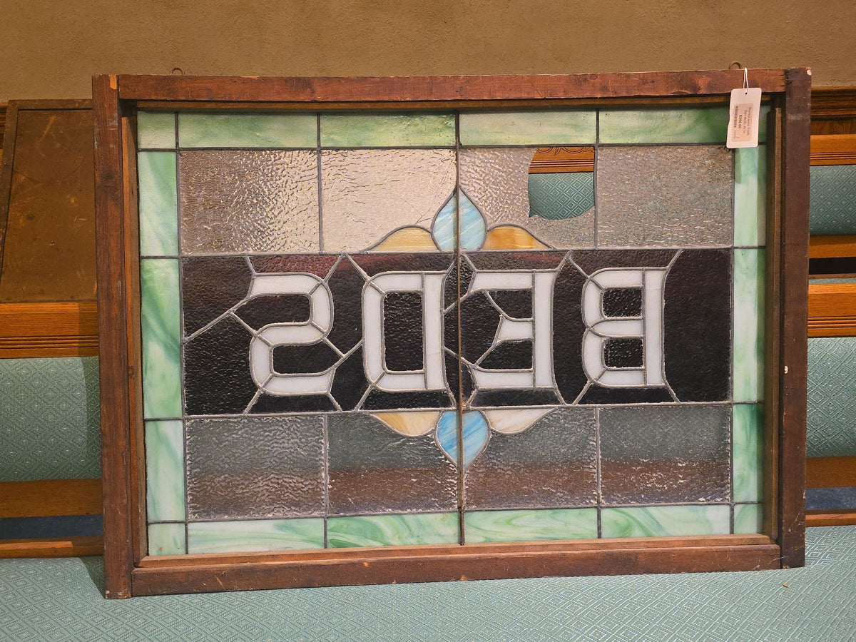 Antique Leaded Stained Glass "BEDS" Trade Sign, Reportedly from a Boston, Massachusetts Boarding House, Note Damage