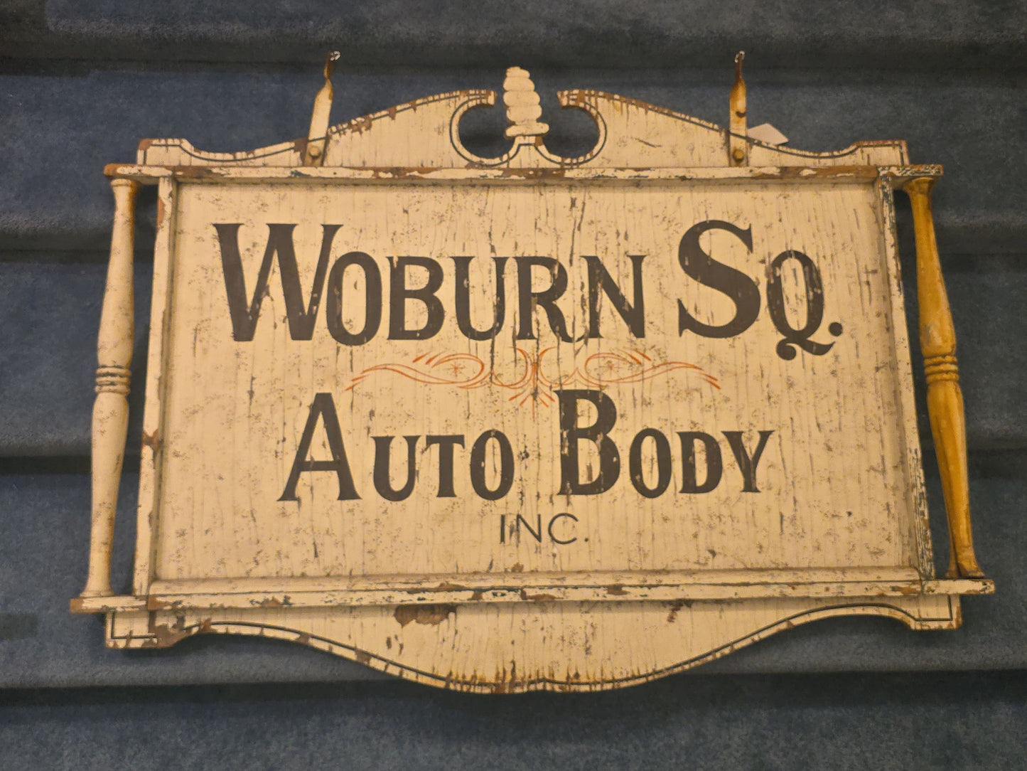 Vintage Hand-Painted Wooden Trade Sign, "Woburn Sq. Auto Body Inc.," Woburn, Massachusetts