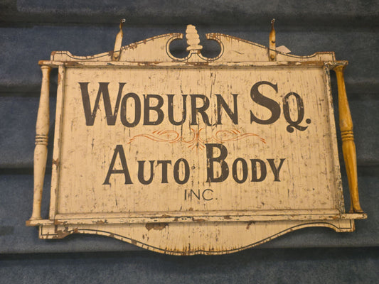Vintage Hand-Painted Wooden Trade Sign, "Woburn Sq. Auto Body Inc.," Woburn, Massachusetts