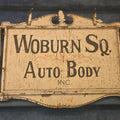 Lot 042 - Vintage Hand-Painted Wooden Trade Sign, "Woburn Sq. Auto Body Inc.," Woburn, Massachusetts, 49" L x 37" H
