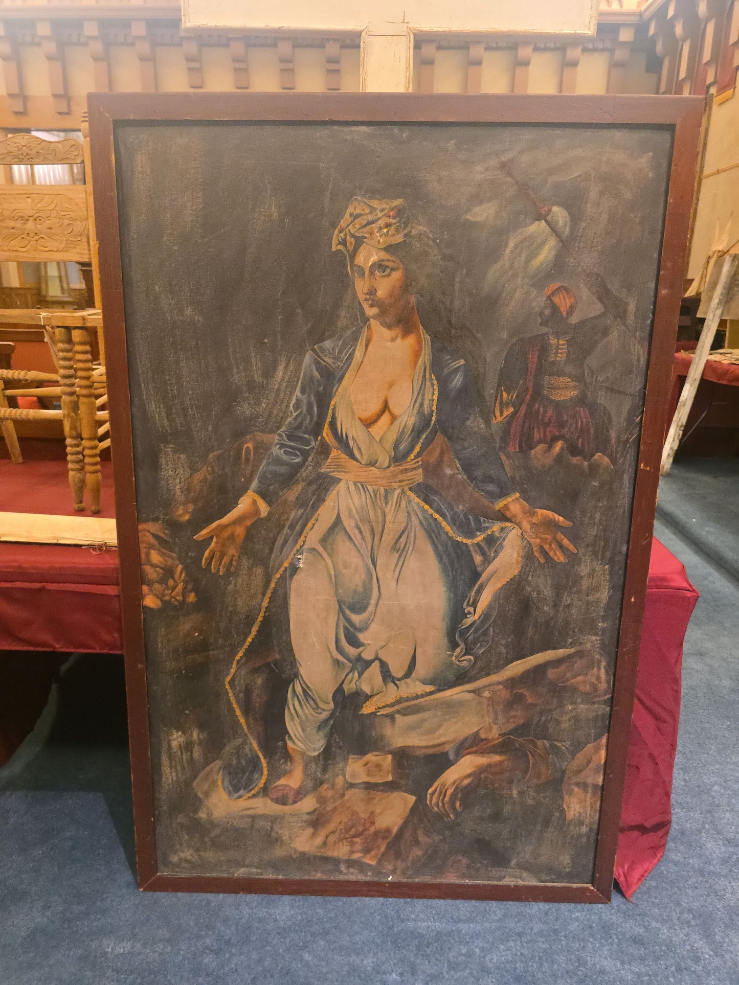 Antique Oversized Oil Painting on Canvas After Eugene Delacroix "Greece on the Ruins of Missolonghi"