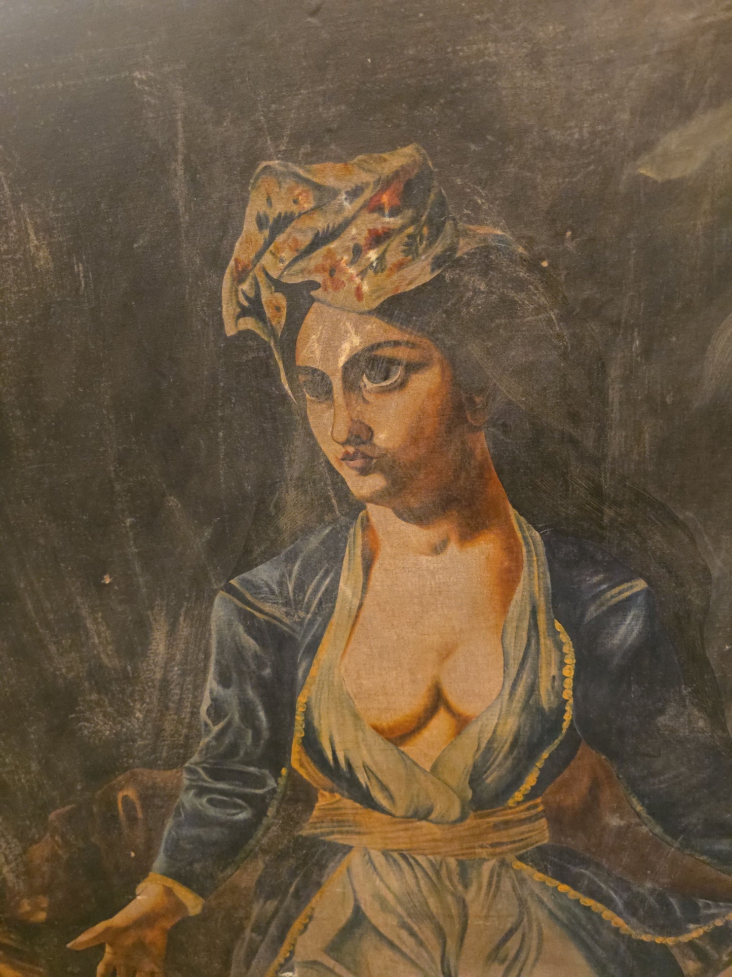 Antique Oversized Oil Painting on Canvas After Eugene Delacroix "Greece on the Ruins of Missolonghi"