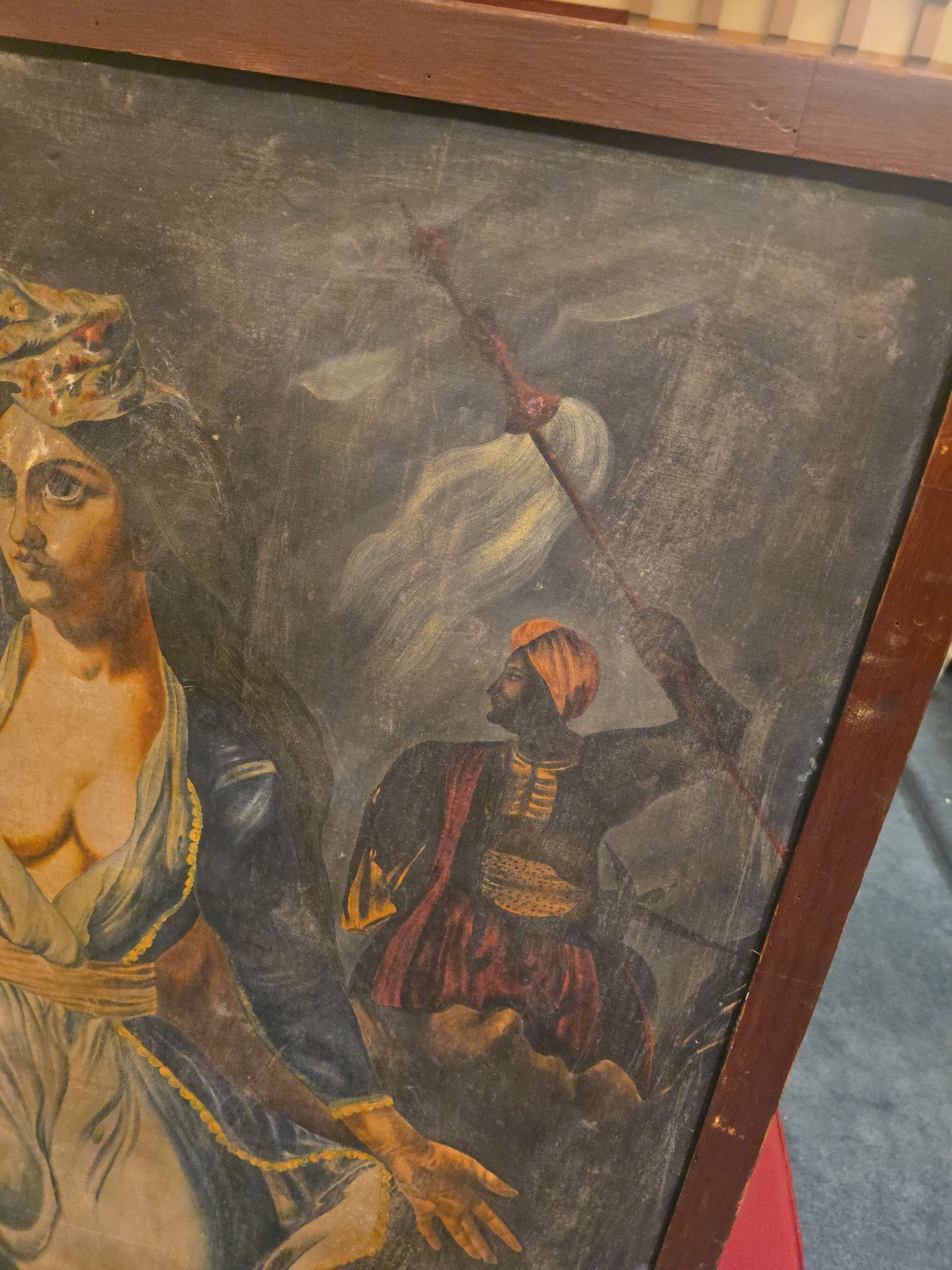 Antique Oversized Oil Painting on Canvas After Eugene Delacroix "Greece on the Ruins of Missolonghi"