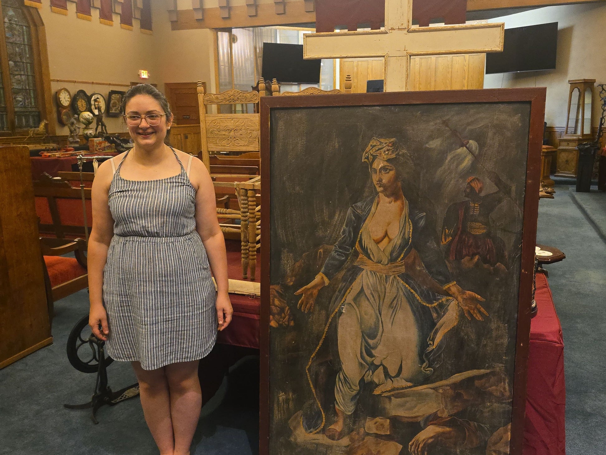 Antique Oversized Oil Painting on Canvas After Eugene Delacroix "Greece on the Ruins of Missolonghi"