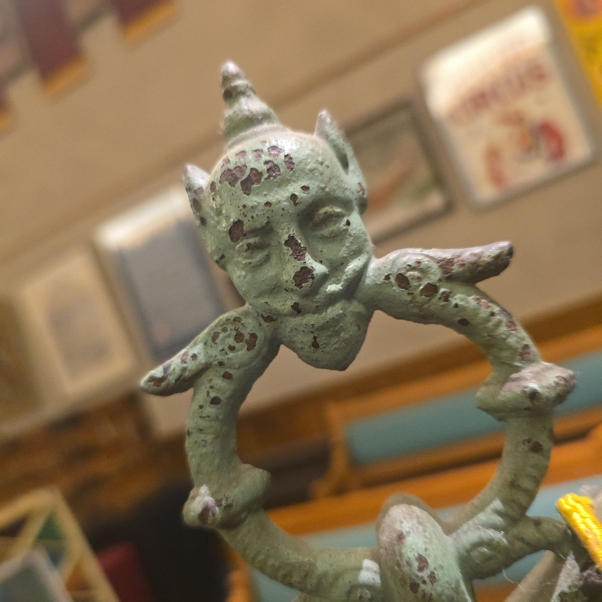 Antique Cast Iron Bridge Arm Floor Lamp with Figural Devil Face Finial and Green Cone Shade