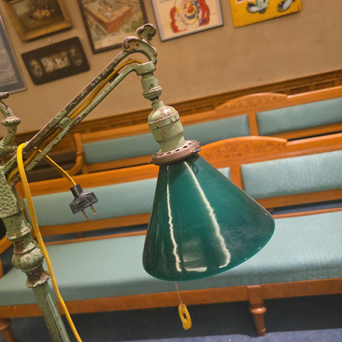Antique Cast Iron Bridge Arm Floor Lamp with Figural Devil Face Finial and Green Cone Shade