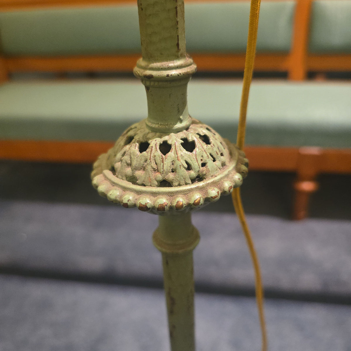 Antique Cast Iron Bridge Arm Floor Lamp with Figural Devil Face Finial and Green Cone Shade