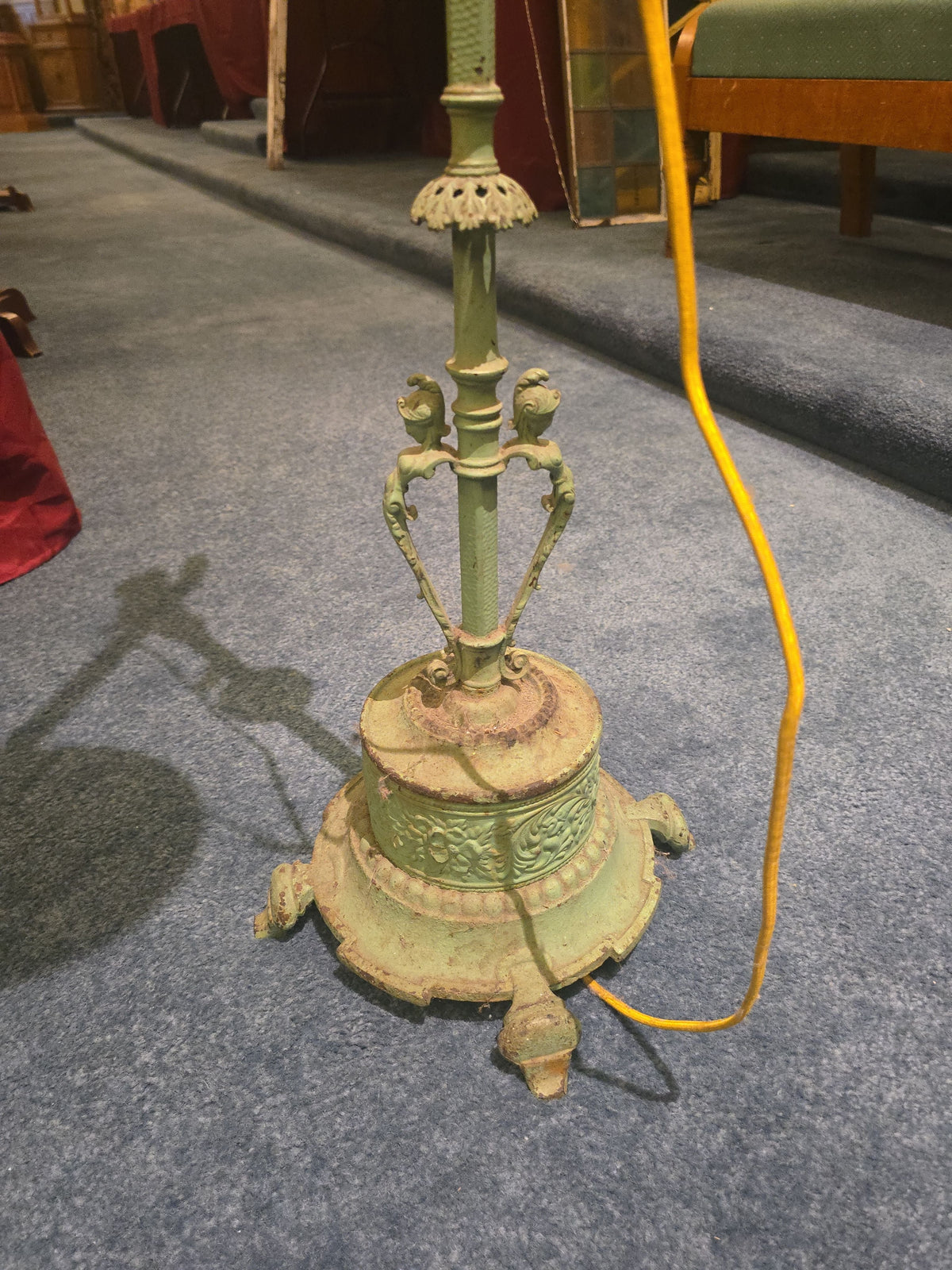 Antique Cast Iron Bridge Arm Floor Lamp with Figural Devil Face Finial and Green Cone Shade