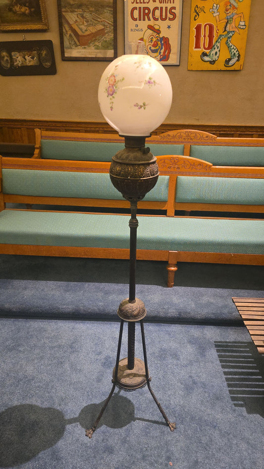 Antique Victorian Kerosene Parlor Floor Lamp with Hand-Painted Glass Globe Shade and Tripod Paw Foot Base