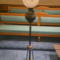 Lot 124 - Antique Victorian Kerosene Parlor Floor Lamp with Hand-Painted Glass Globe Shade and Tripod Paw Foot Base, 61" H