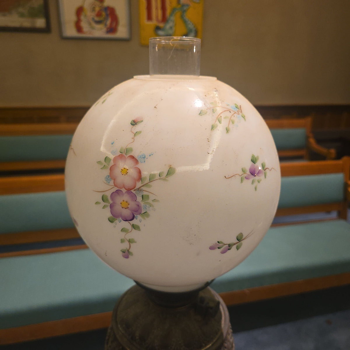 Antique Victorian Kerosene Parlor Floor Lamp with Hand-Painted Glass Globe Shade and Tripod Paw Foot Base