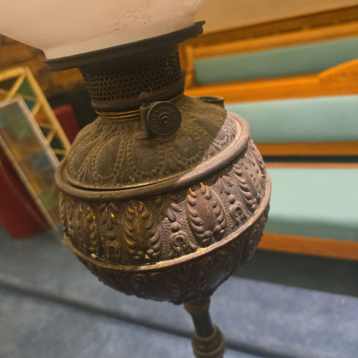 Antique Victorian Kerosene Parlor Floor Lamp with Hand-Painted Glass Globe Shade and Tripod Paw Foot Base