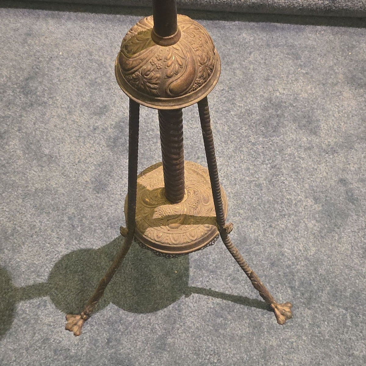 Antique Victorian Kerosene Parlor Floor Lamp with Hand-Painted Glass Globe Shade and Tripod Paw Foot Base
