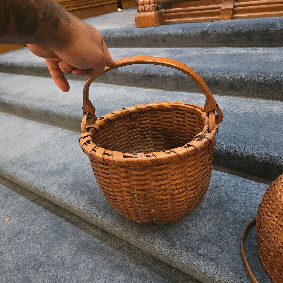 Pair of Antique Woven Splint Swing-Handle Baskets