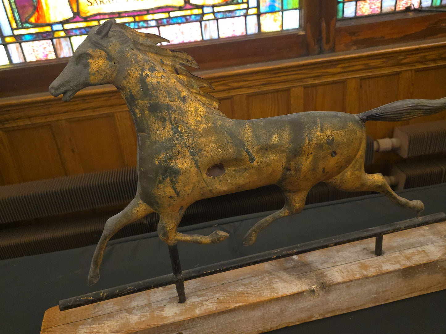 Antique Running Horse Weathervane on Wood Block Display Stand