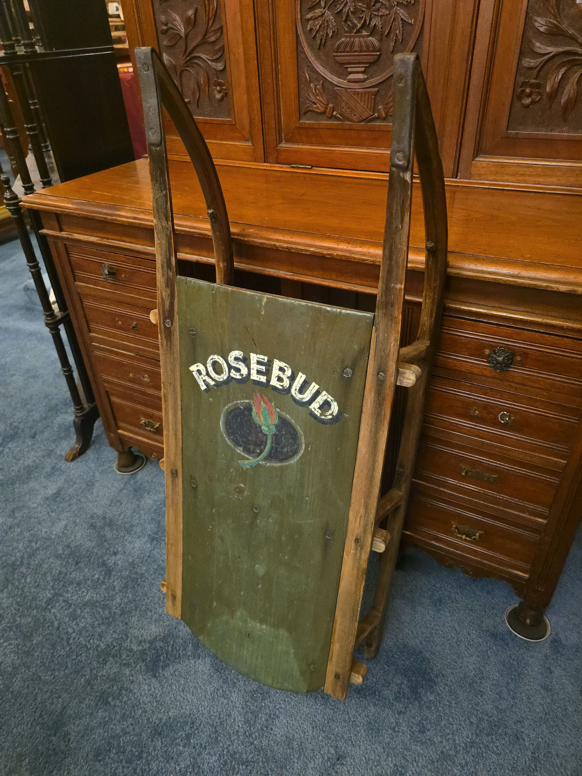 Antique Wooden Sled with Later-Applied "Rosebud" Hand-Painted Graphic