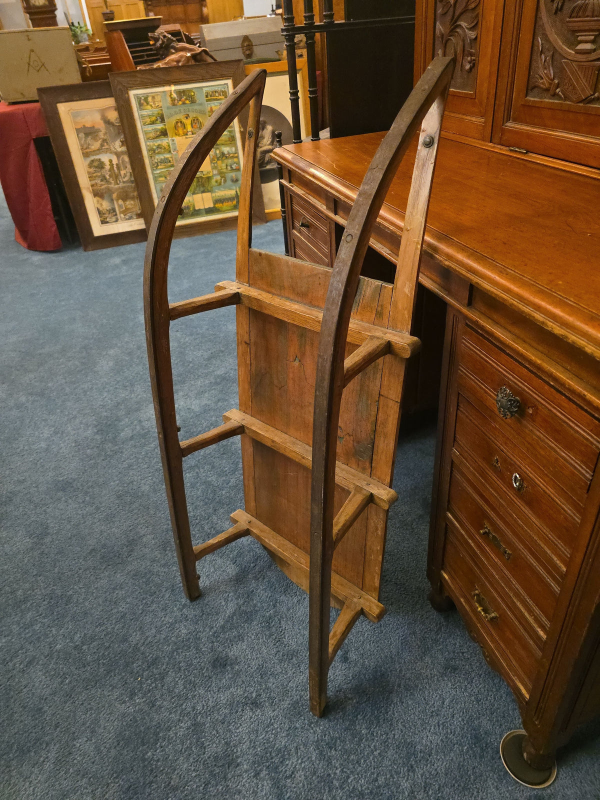 Antique Wooden Sled with Later-Applied "Rosebud" Hand-Painted Graphic