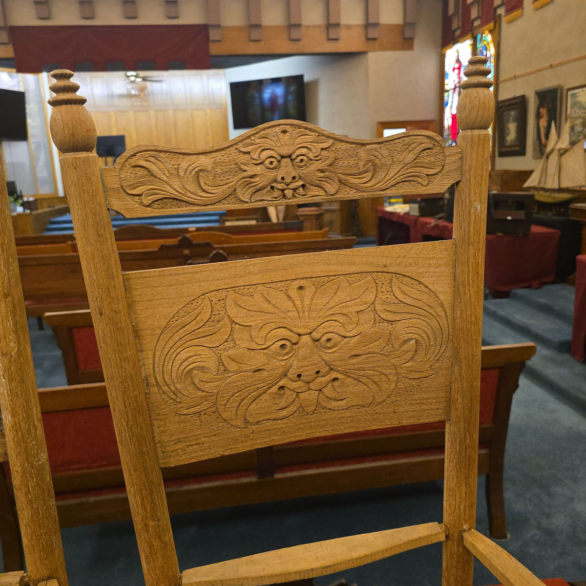 Pair of Antique Oak North Wind Carved Chair Frames with Turned Legs