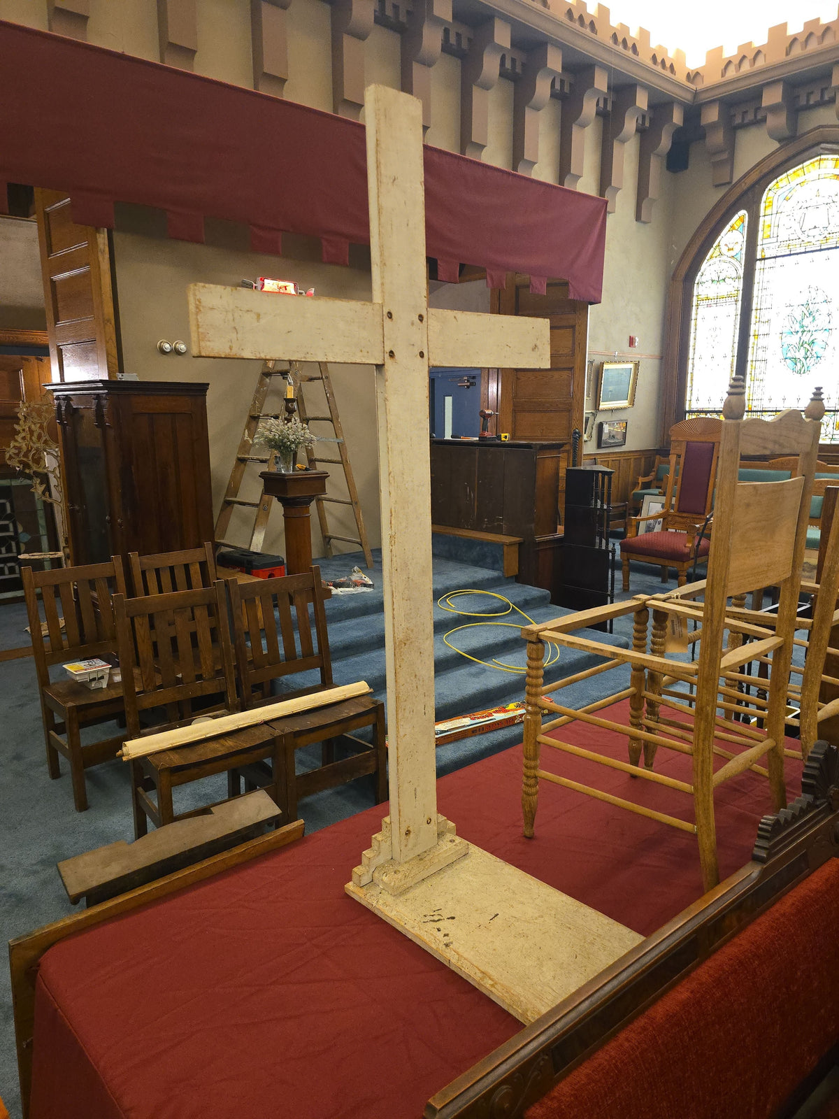 Vintage White-Painted Wooden Standing Church Cross on Base
