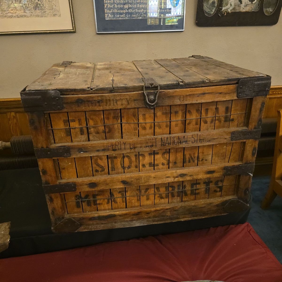 Antique First National Stores, Inc. Meat Markets Wood Shipping Crate with Anderson Manufacturer Label
