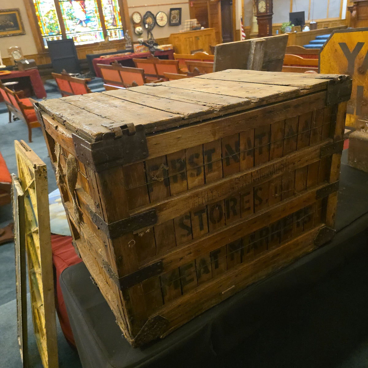 Antique First National Stores, Inc. Meat Markets Wood Shipping Crate with Anderson Manufacturer Label