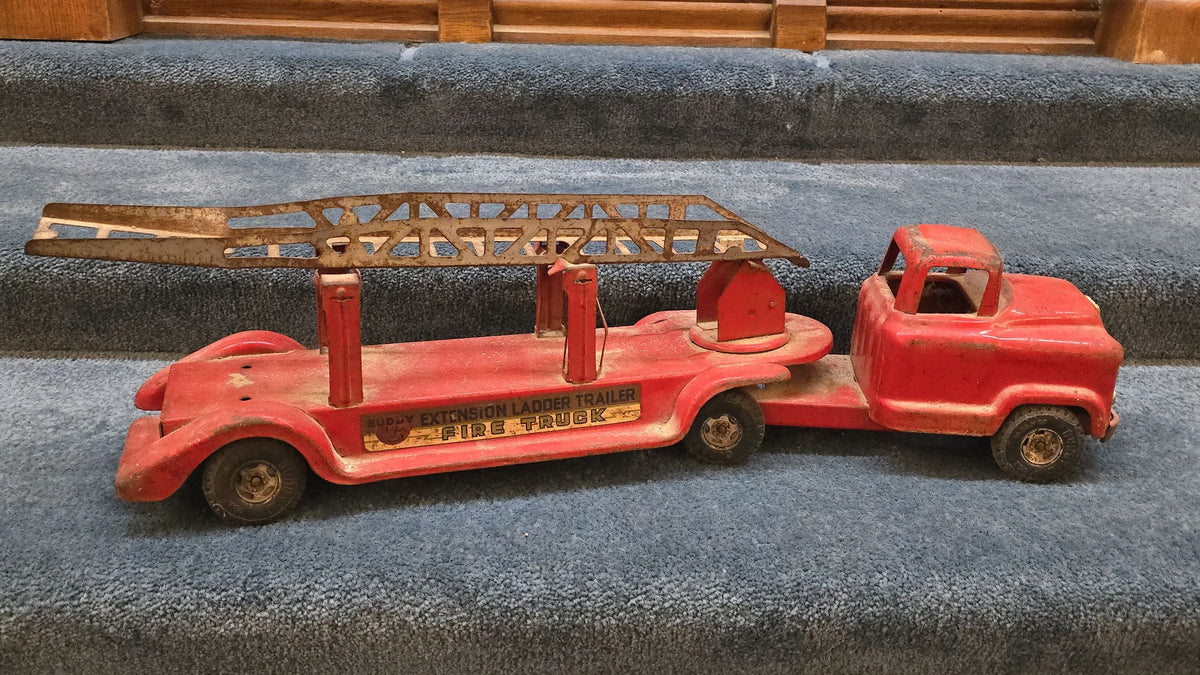 Vintage Buddy L G.M.C. Extension Ladder Trailer Fire Truck Pressed Steel Toy