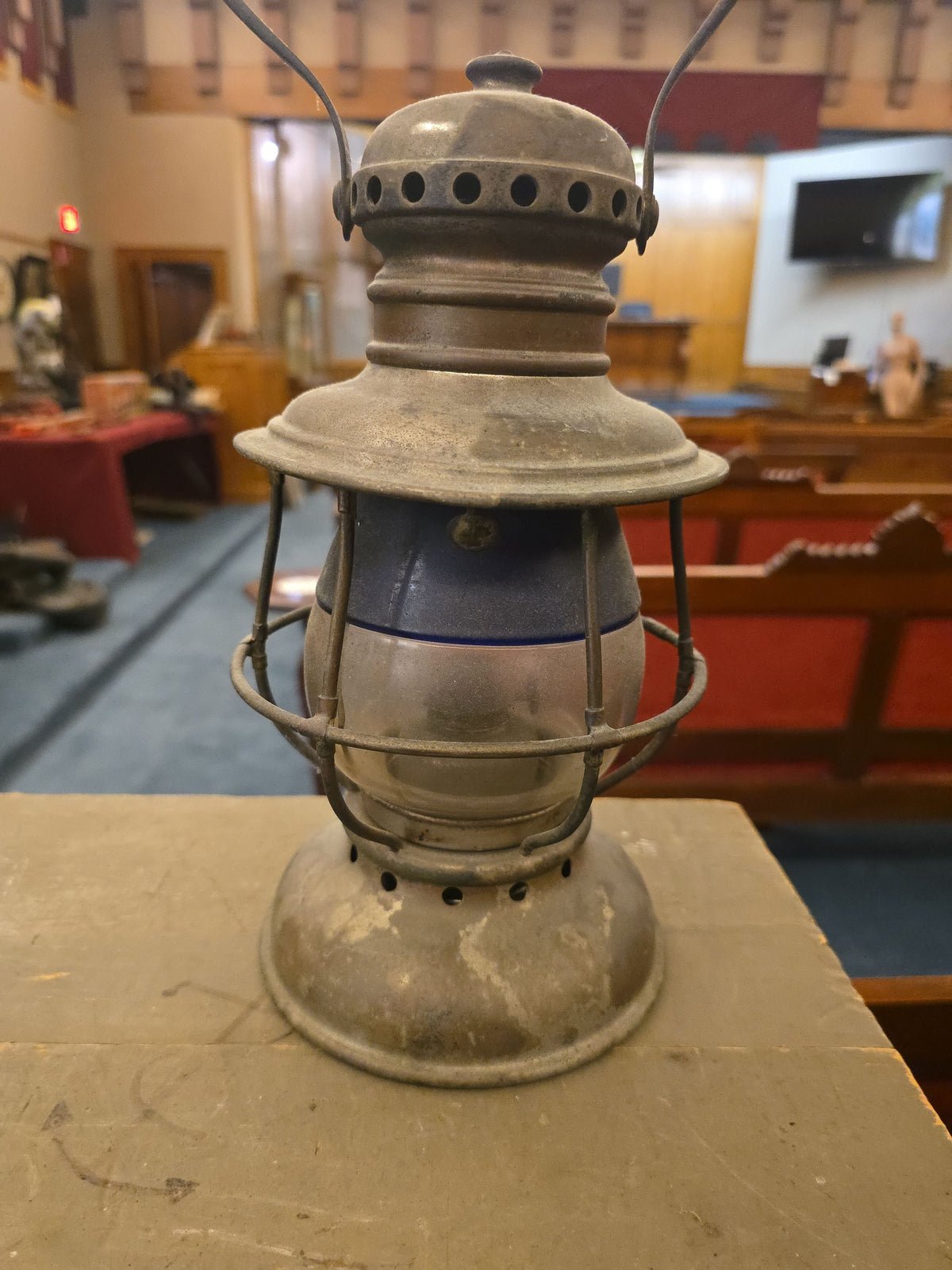 Antique Lantern with Etched Blue and Clear Globe, "J.H. Woodrow," Note Cracked Globe