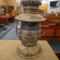 Lot 128 - Antique Lantern with Etched Blue and Clear Globe, "J.H. Woodrow," Note Cracked Globe, 17" H
