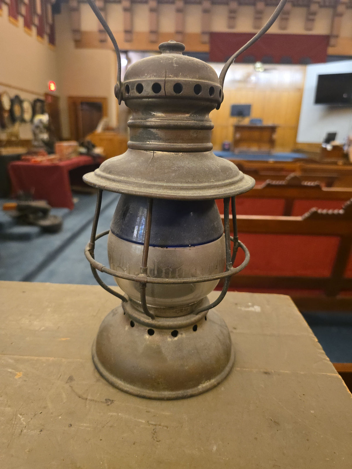 Antique Lantern with Etched Blue and Clear Globe, "J.H. Woodrow," Note Cracked Globe