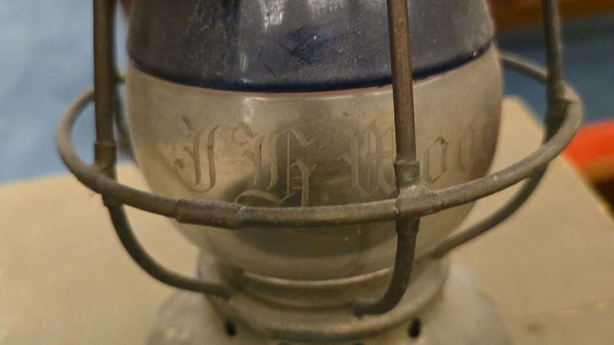 Antique Lantern with Etched Blue and Clear Globe, "J.H. Woodrow," Note Cracked Globe