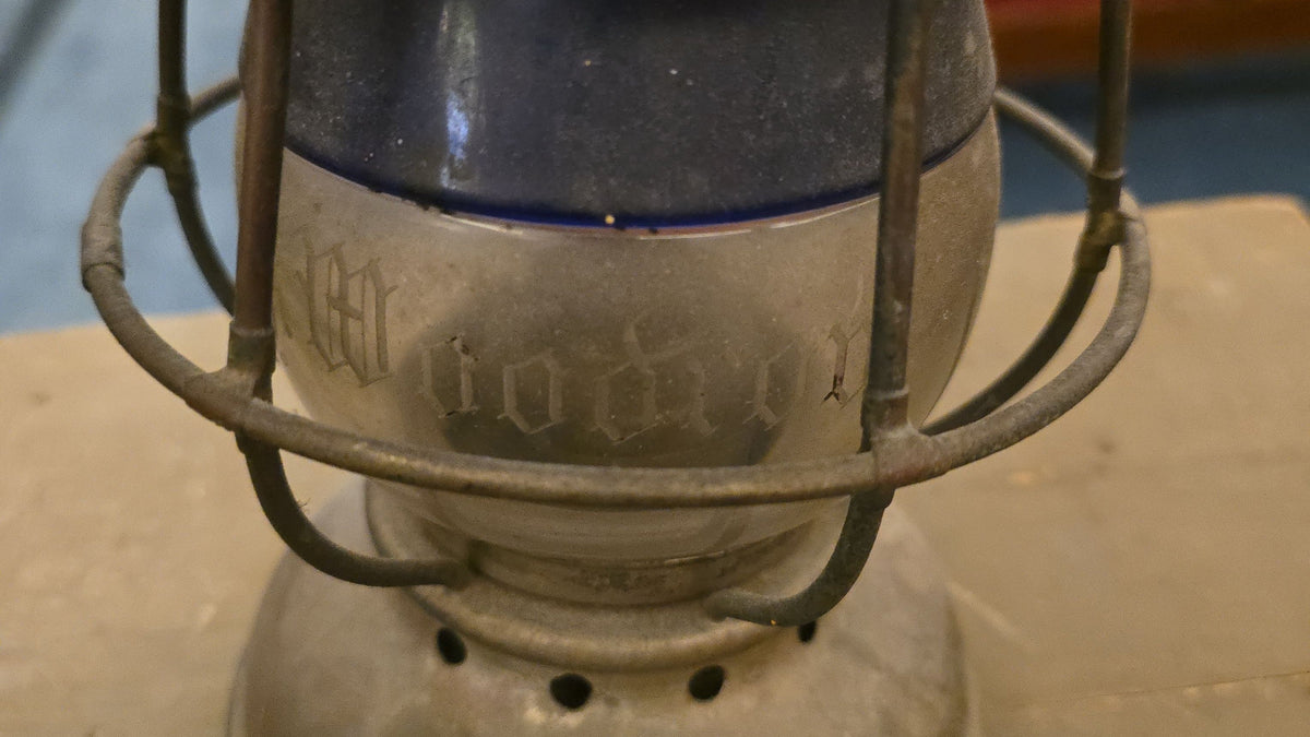 Antique Lantern with Etched Blue and Clear Globe, "J.H. Woodrow," Note Cracked Globe