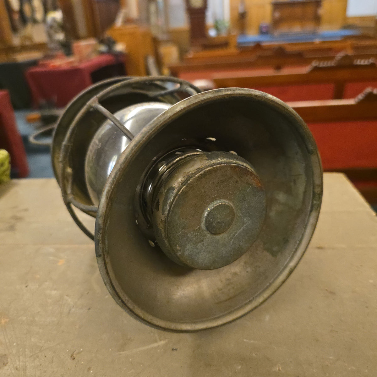 Antique Lantern with Etched Blue and Clear Globe, "J.H. Woodrow," Note Cracked Globe