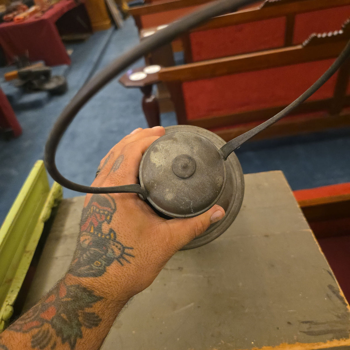 Antique Lantern with Etched Blue and Clear Globe, "J.H. Woodrow," Note Cracked Globe