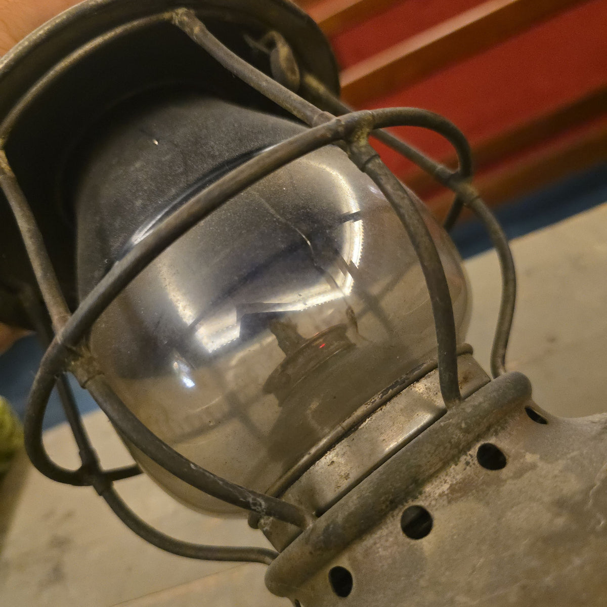 Antique Lantern with Etched Blue and Clear Globe, "J.H. Woodrow," Note Cracked Globe