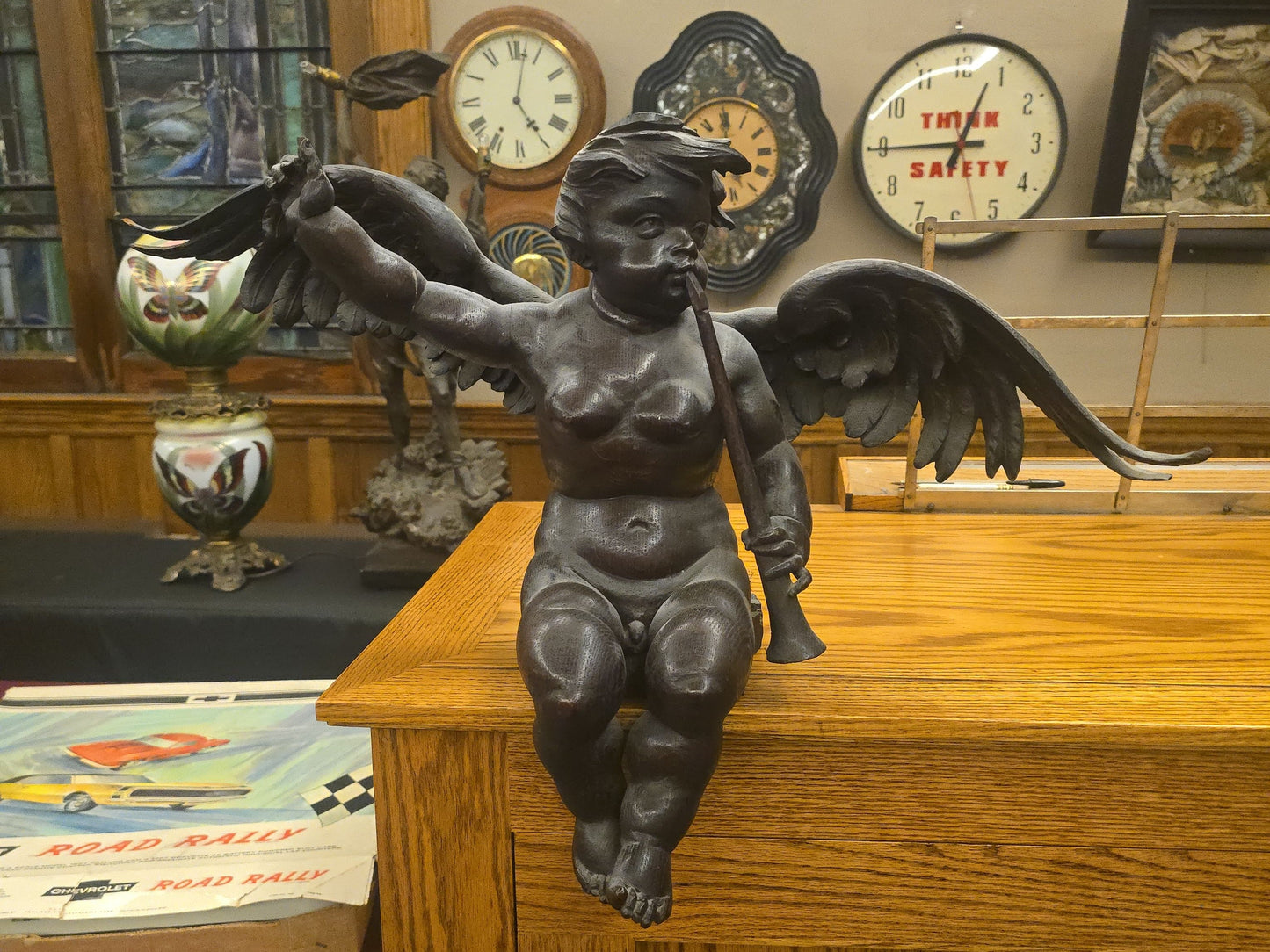 Antique Hand-Carved Wooden Winged Putto Cherub Figure Playing a Pipe