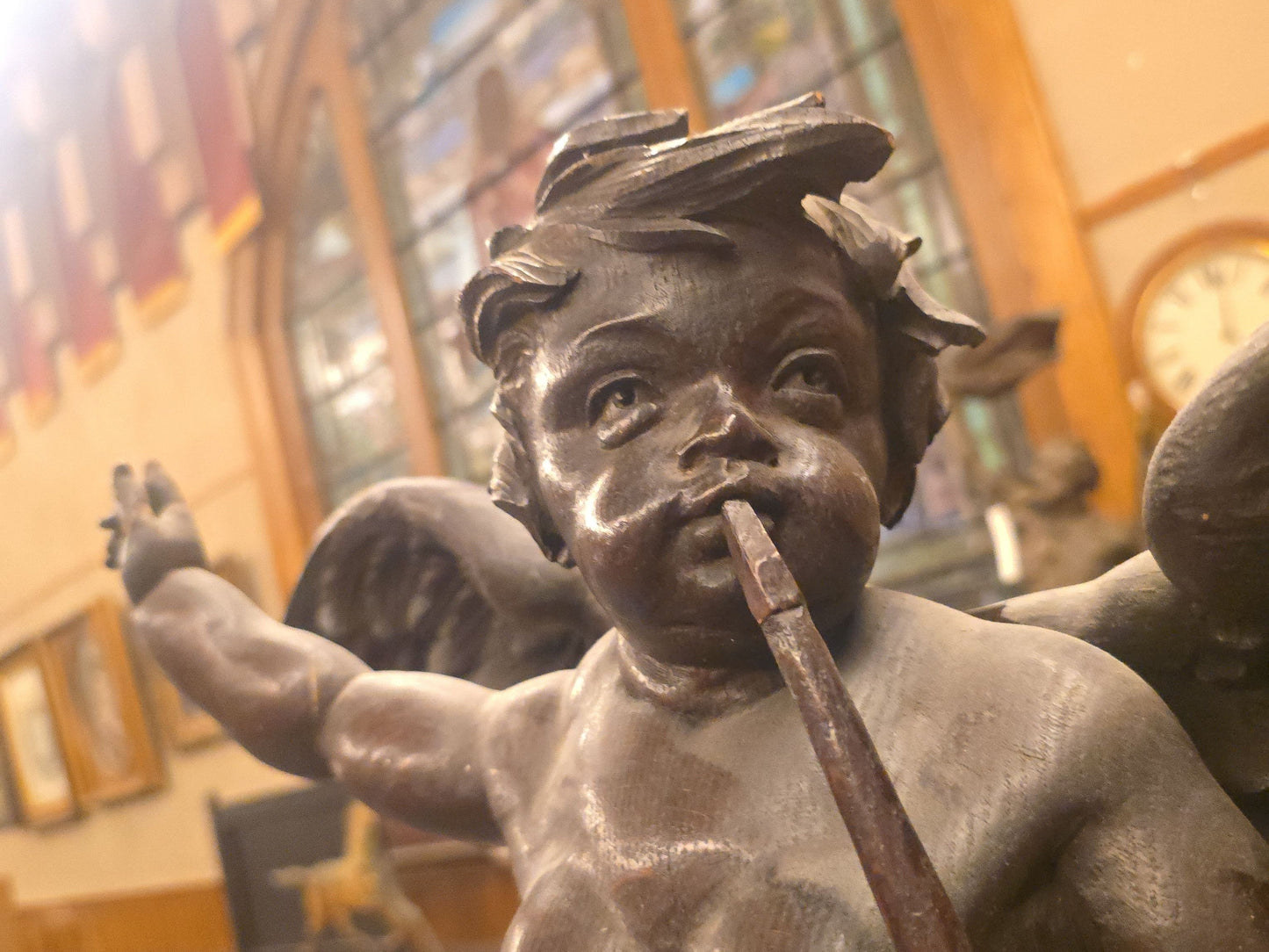 Antique Hand-Carved Wooden Winged Putto Cherub Figure Playing a Pipe