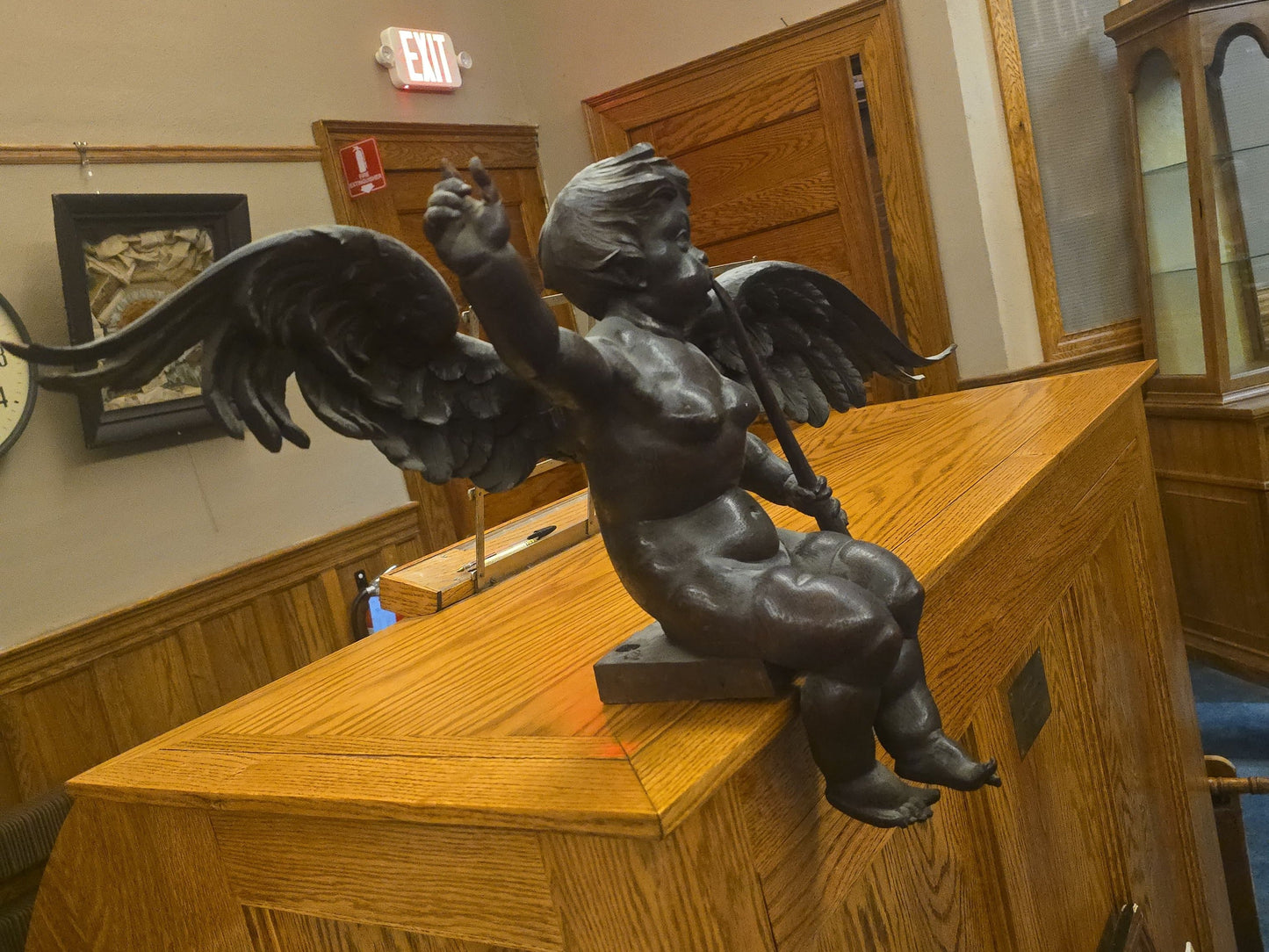 Antique Hand-Carved Wooden Winged Putto Cherub Figure Playing a Pipe