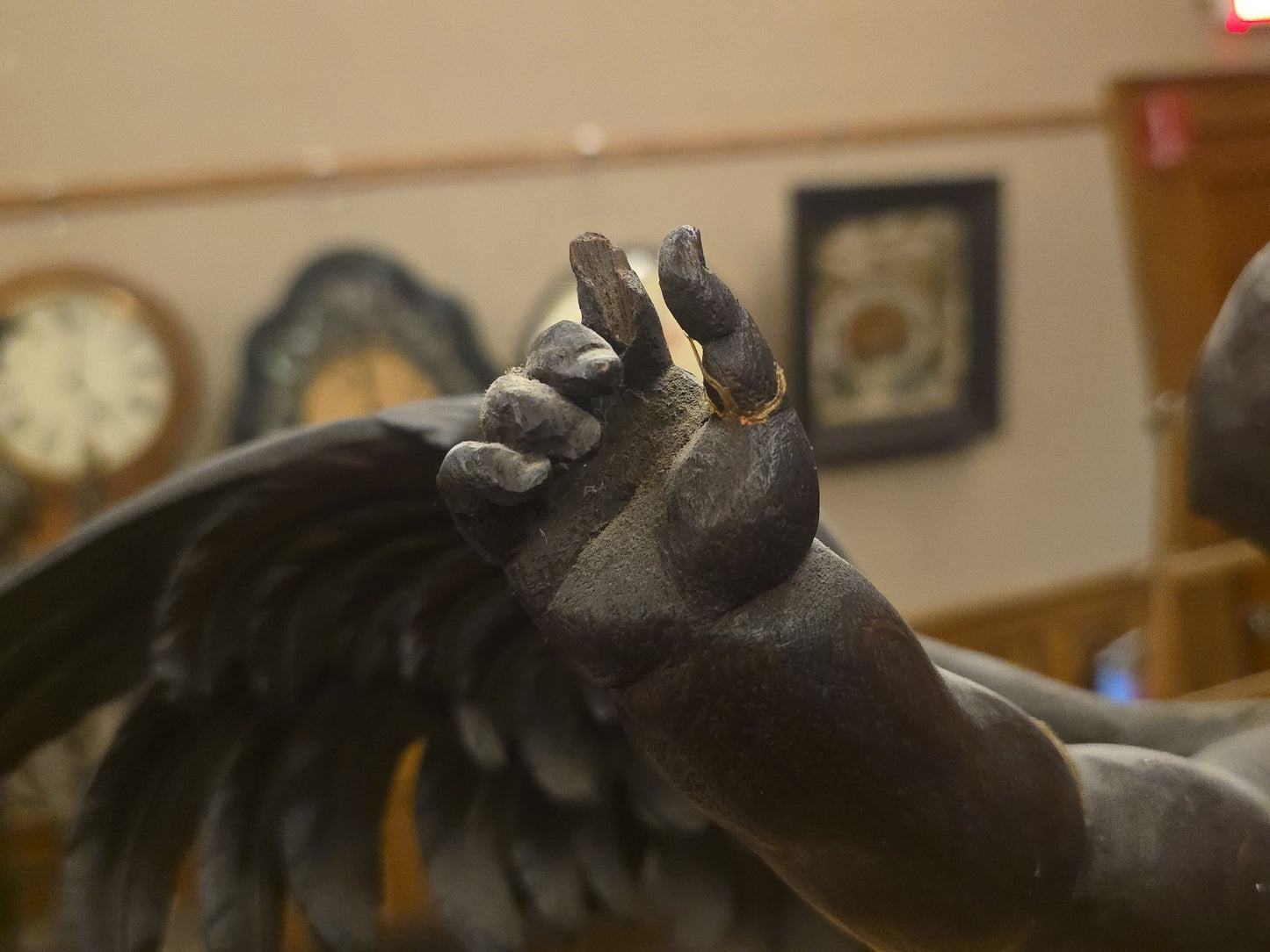 Antique Hand-Carved Wooden Winged Putto Cherub Figure Playing a Pipe