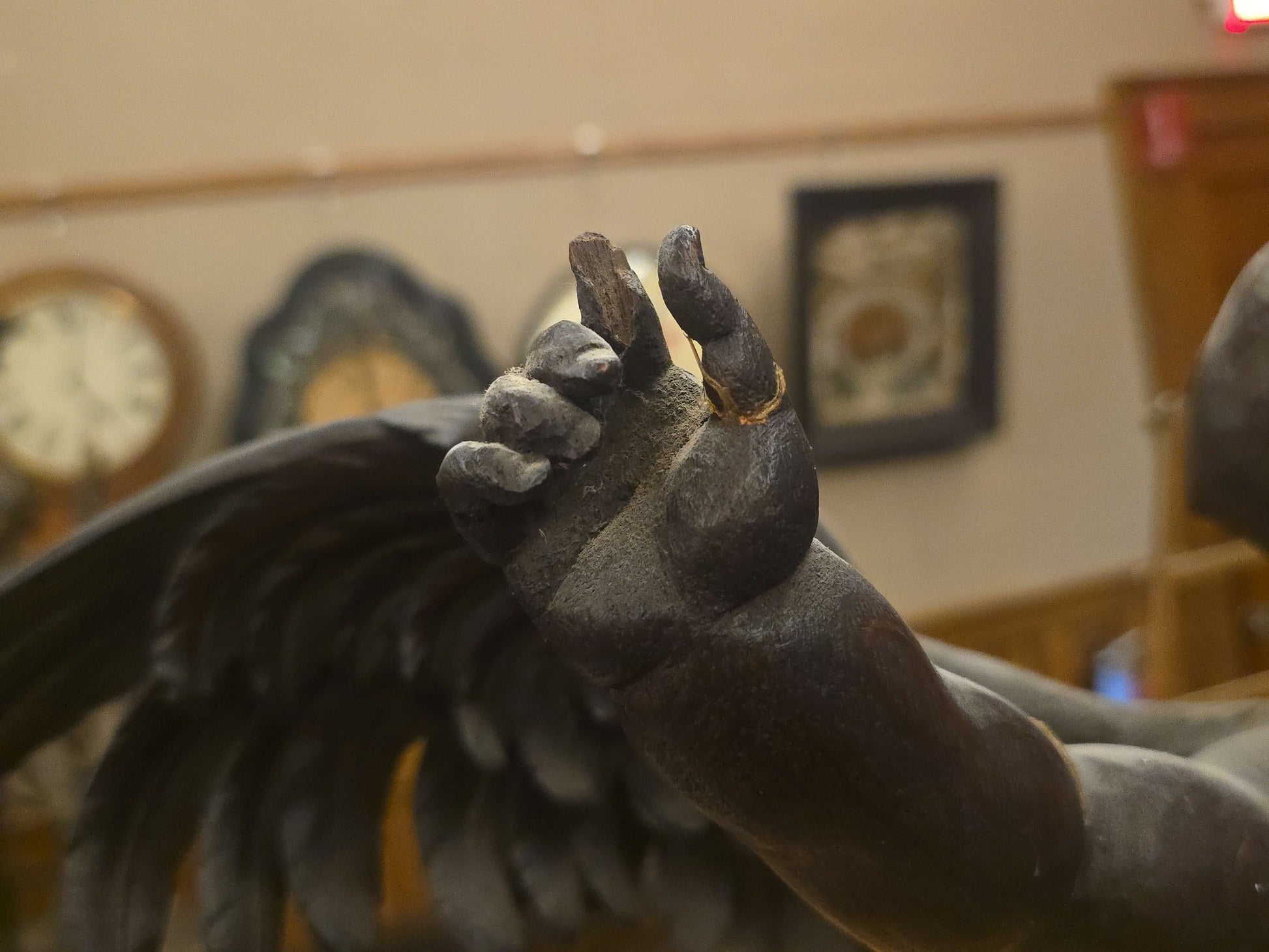 Antique Hand-Carved Wooden Winged Putto Cherub Figure Playing a Pipe