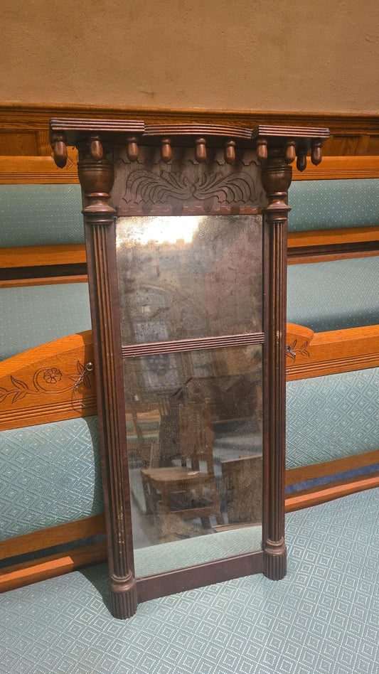 Antique Federal Wall Mirror with Carved Crest and Turned Columns