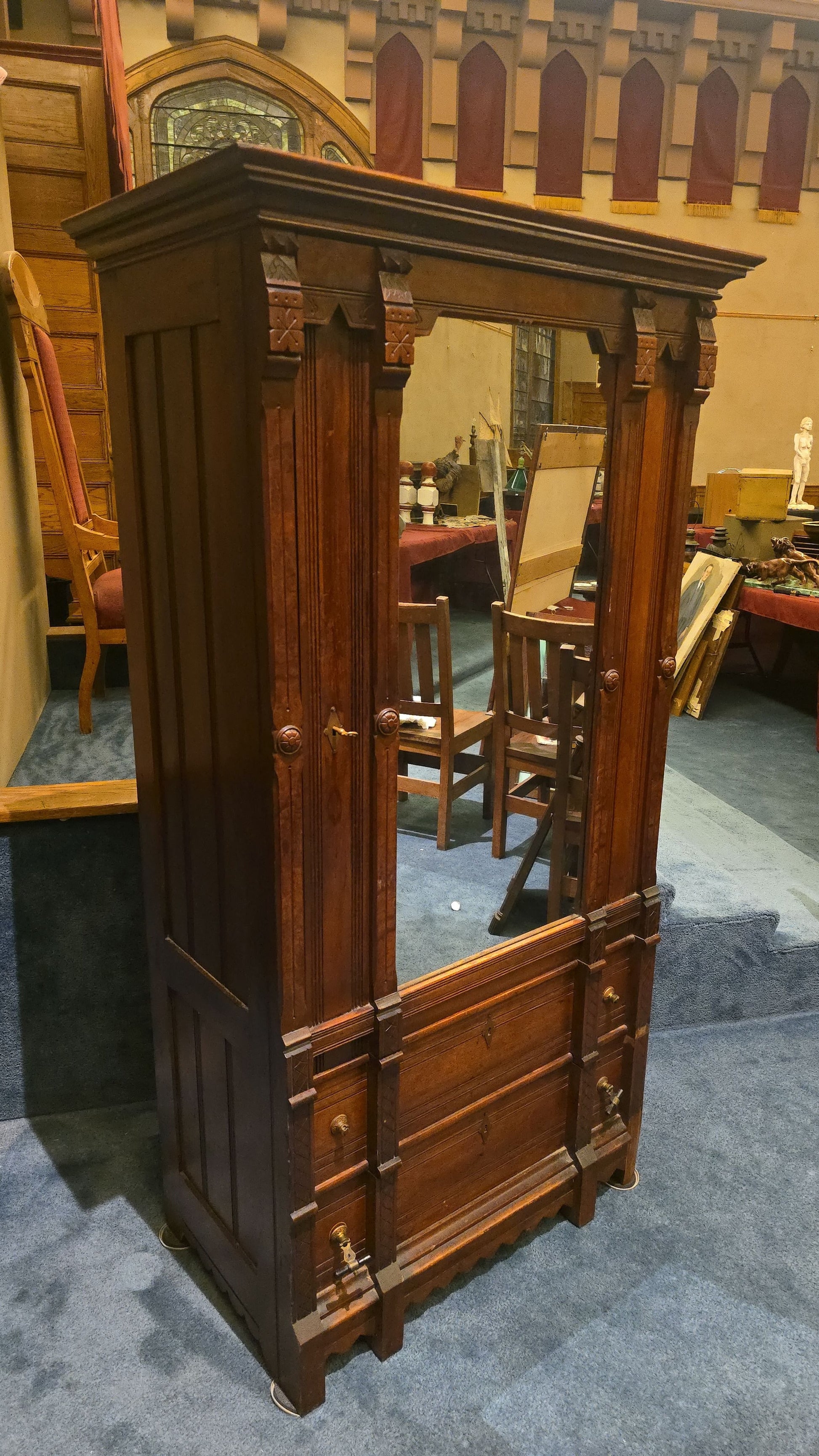 Antique Eastlake Walnut Mirrored Door Cabinet with Interior Drawers and Knapp Joinery
